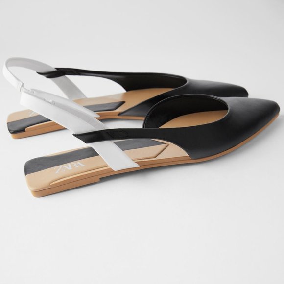 NWT Zara Black and White Colorblock Slingback Pointy Toe Flat - Picture 1 of 4